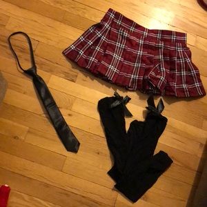 Black thigh highs, black tie and Velcro Skirt